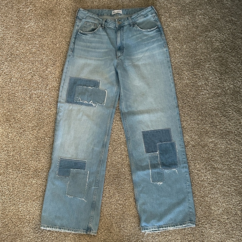 Zara Light Blue Patchwork Wide Leg Jeans